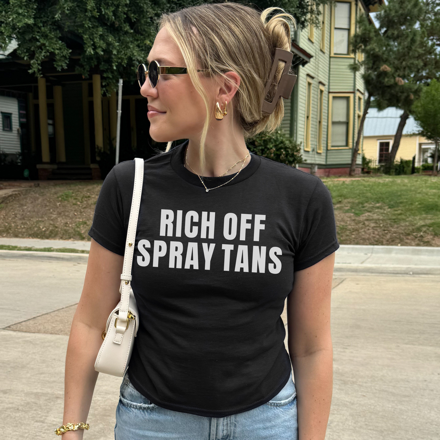 Rich Off Spray Tans Baby Tee | ALT SUN X SUNNY HUNNY